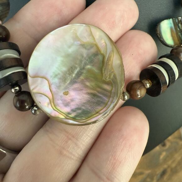 Shell Pendant Necklace Reversible Abalone & Autumn Color Shell & Wooden Beads - Picture 3 of 7